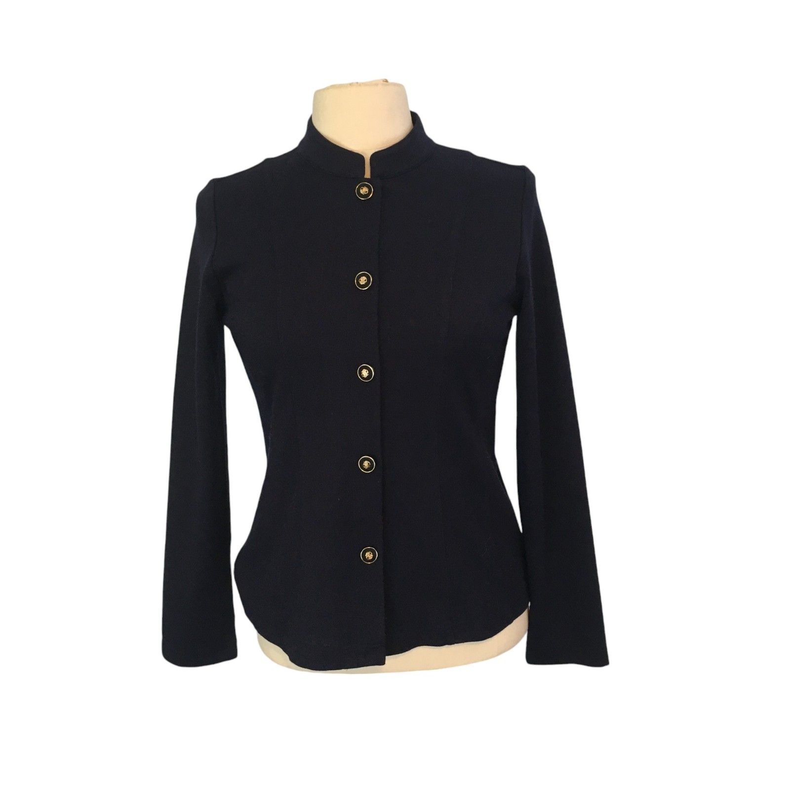 Travelsmith Womens Navy Blue Mock Neck Knit Jacket Top, Small, 38 Bust, Buttons